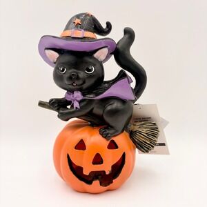 Magical Season Halloween Black Cat Witch on Light Up Pumpkin Figurine LED